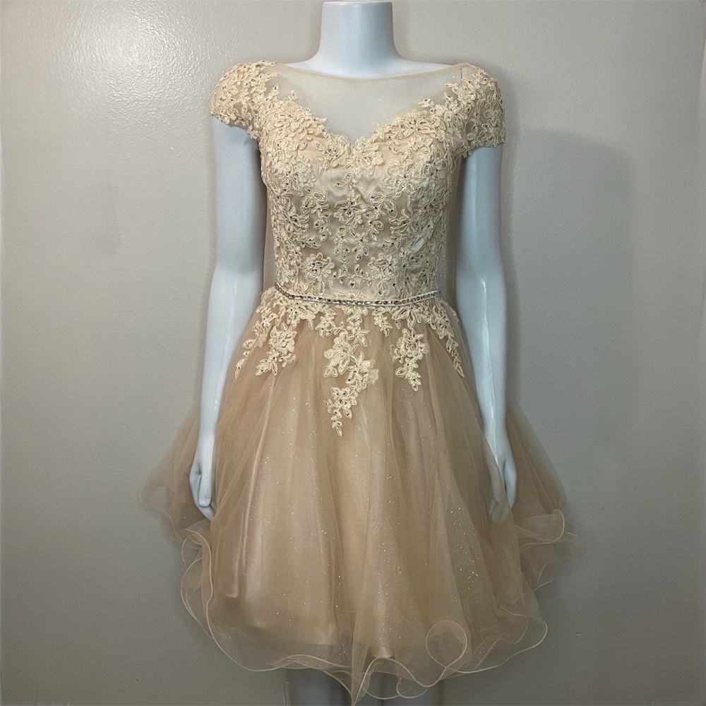 Champagne short sleeve glitter mesh back lace up A-line rhinestone mini dress